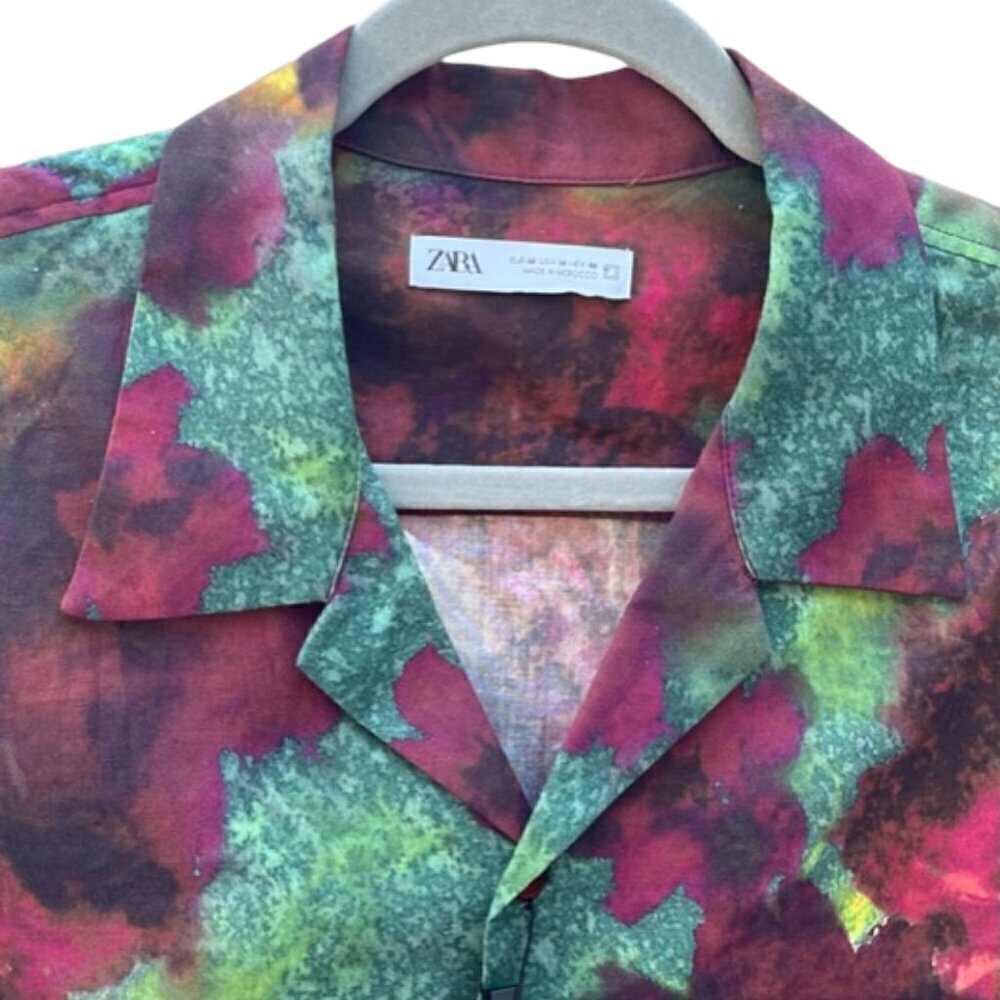 ZARA Men Boxy Relaxed Fit Burgundy Green Floral Short Sleeve Shirt Cotton Medium - Picture 6 of 16